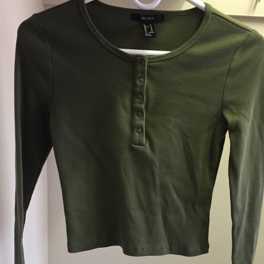 Green Forever 21 Long Sleeve Shirt M Medium Crop